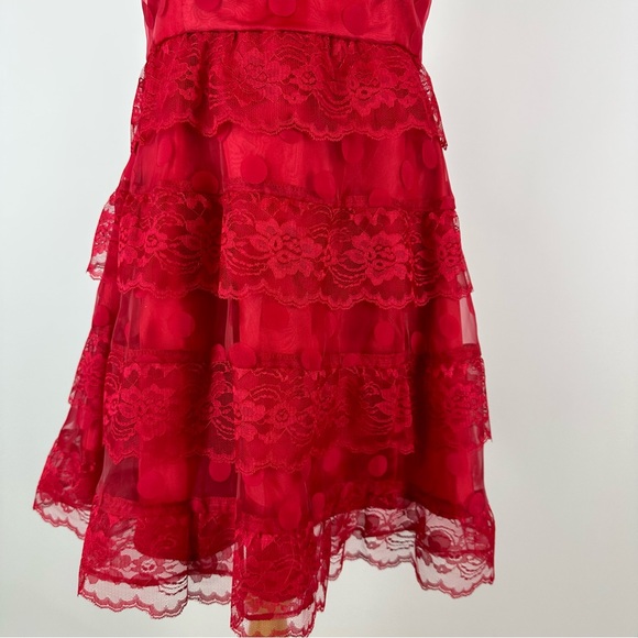 Vintage 90’s Steppin Out Red Polka Dot Lace Tiered Strapless Dress Size 14 - Picture 3 of 14